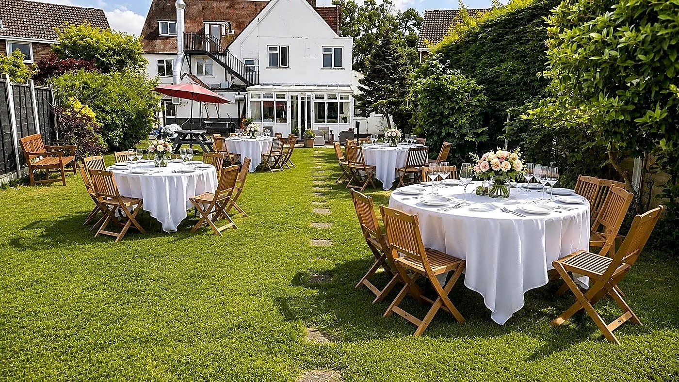 The hotel garden set with round tables for a garden party, with the hotel behind